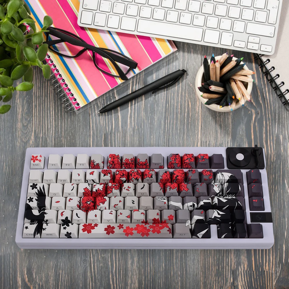 129 Key Raven Sakura Keycap Set Therimal Sublimation Keycaps Keyboard PBT Caps Customized Keycaps for Mechanical Keyboard Keycap