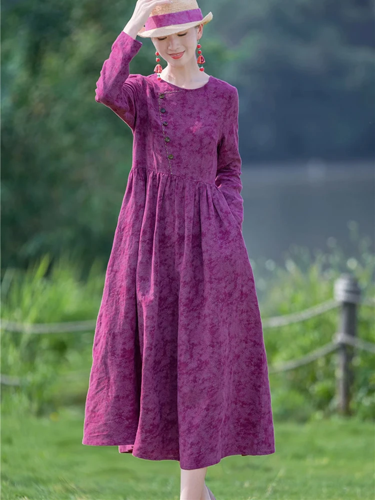 NYFS 2024 Autumn New Woman Dress Vestidos Robe Ete Femme Elbise Loose Jacquard Cotton Linen long Sleeve Vintage Long Dresses