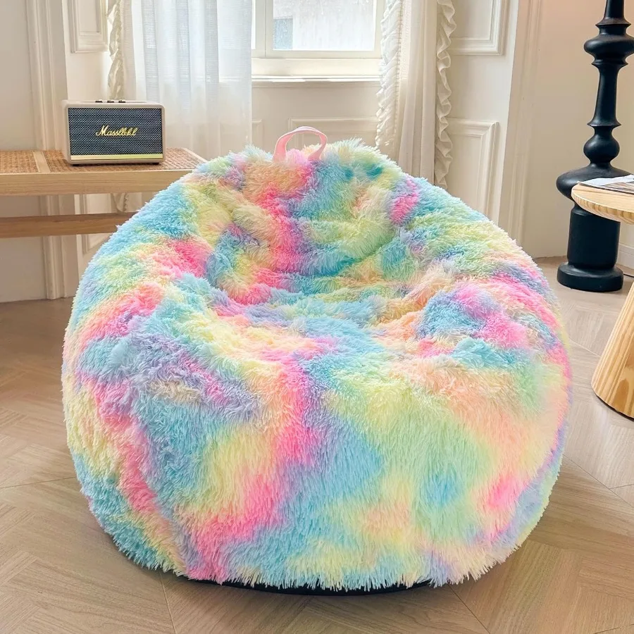 

Faux Fur Comfy Bean Bag Cover No Filler for Living Room Tie Dye Fluffy Stuffed Animal Storage Bean Bag Chair Cover Furry Fuzzy