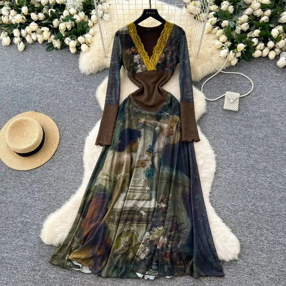 

Elegant Lace Spliced V-neck Vintage Oil Painting Printing Long Sleeves Slim A-line Dresses French Vacation High Street Clothing