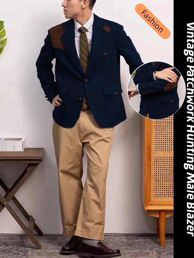 

Vintage Patchwork Hunting Man Blazer Jacket Elegant Men's Suits Wool Blend Clothing Herringbone Tweed Luxury Winter Men Coat New
