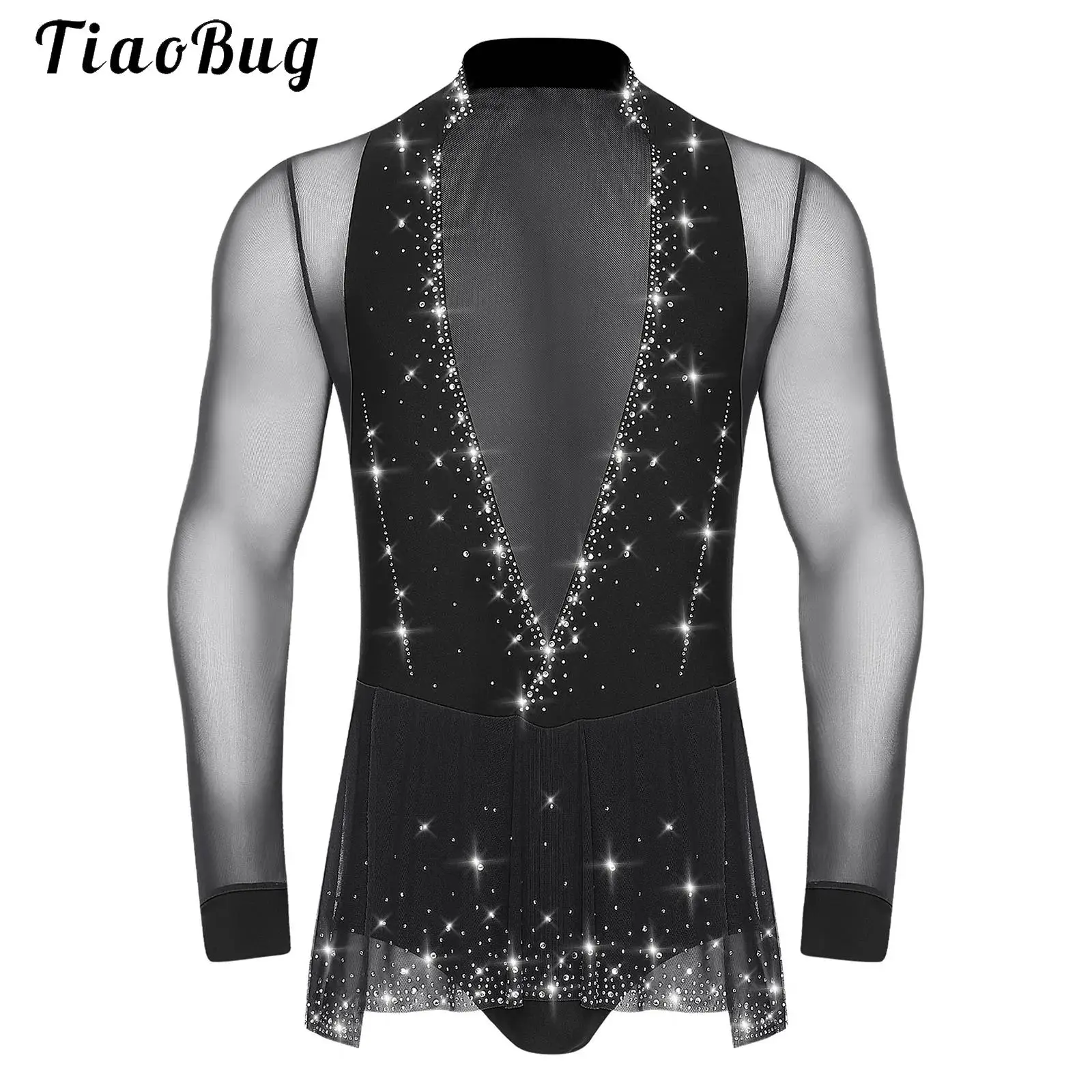 

Mens Latin Dance Leotard Shirt Deep V-neck Rhinestones Sheer Mesh Bodysuit Salsa Tango Gymnastics Acrobatics Skating Costume