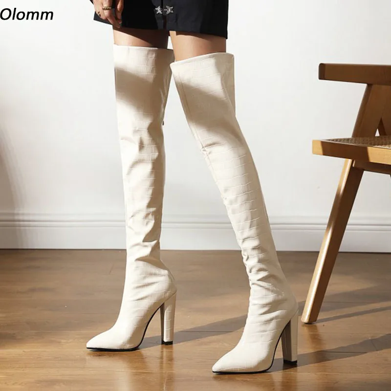 

Olomm Women Winter Over The Knee Boots Back Zipper Chunky Heels Pointed Toe Beige Yellow Blue Party Shoes Plus US Size 4-10.5