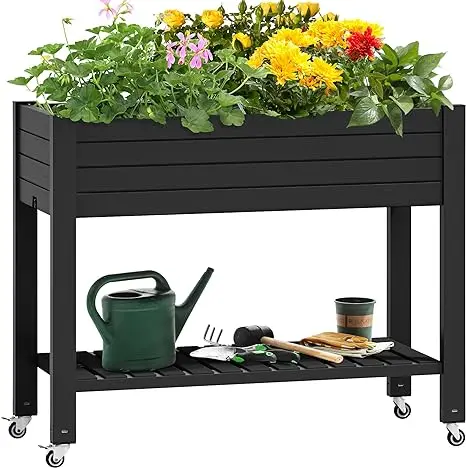 

Outdoor Large Resin Patio Planter Box Stand Elevated Raised Garden Bed w/ Wheels plant shelves plant stands for Plants