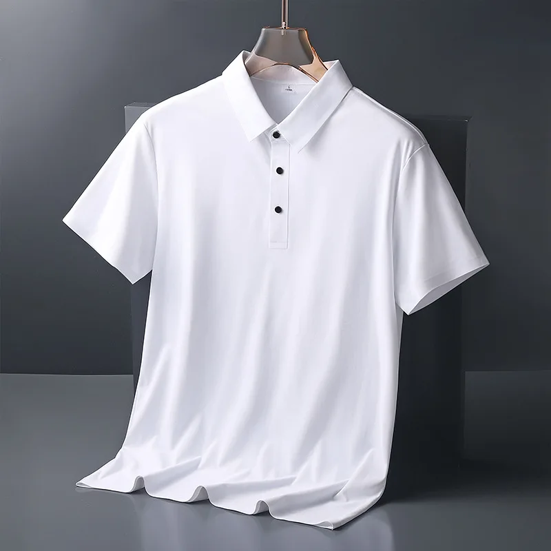 Summer New Solid Color Polyamide Traceless Ice Silk Polo Shirt Casual Thin Flip Collar Business Short Sleeved Men's