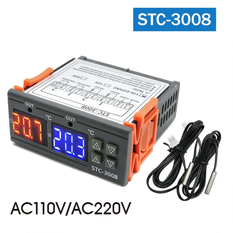 المزدوج الرقمي STC-3008 متحكم في درجة الحرارة اثنين التتابع الناتج سخان ترموستات مع التحقيق 12 فولت 24 فولت 220 فولت ثلاجة المنزل حرارة باردة