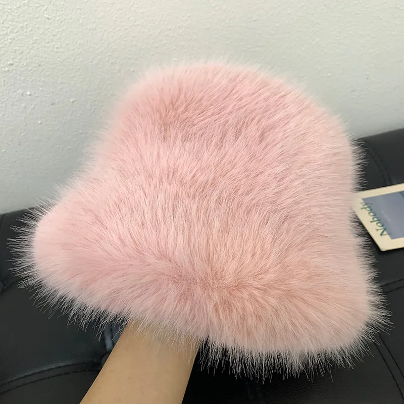 2023 y2k Fluffy Faux Fur Bucket Hat Women Rabbit Fur Warm Thick Plush Winter Hat Lady Luxury Fashion Party Panama Fisherman Cap