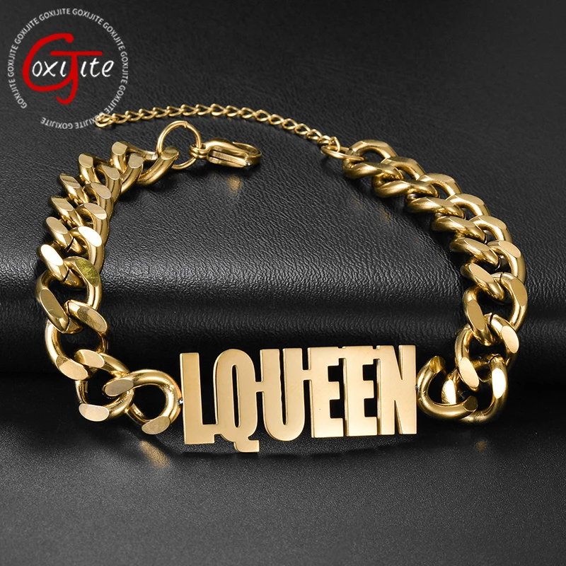 

Goxijite Customized Name Bracelet For Women Men Stainless Steel Custom 10mm Wide Cuban Chain Nameplate Bracelets Jewelry Gift