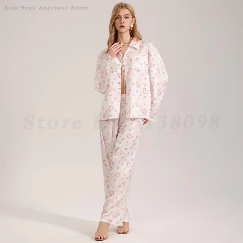 Sexy Hollowed Out 2PCS Pajamas Set Women Sleepwear Spring Autumn Trouser Suits Lounge Wear Satin Print Homewear Pijamas Suit