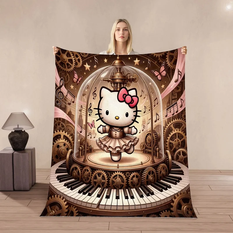 Anti‑Pilling Warm Hello Kitty Steampunk Music Box Throw Blanket Soft Flannel Lightweight Home Rug