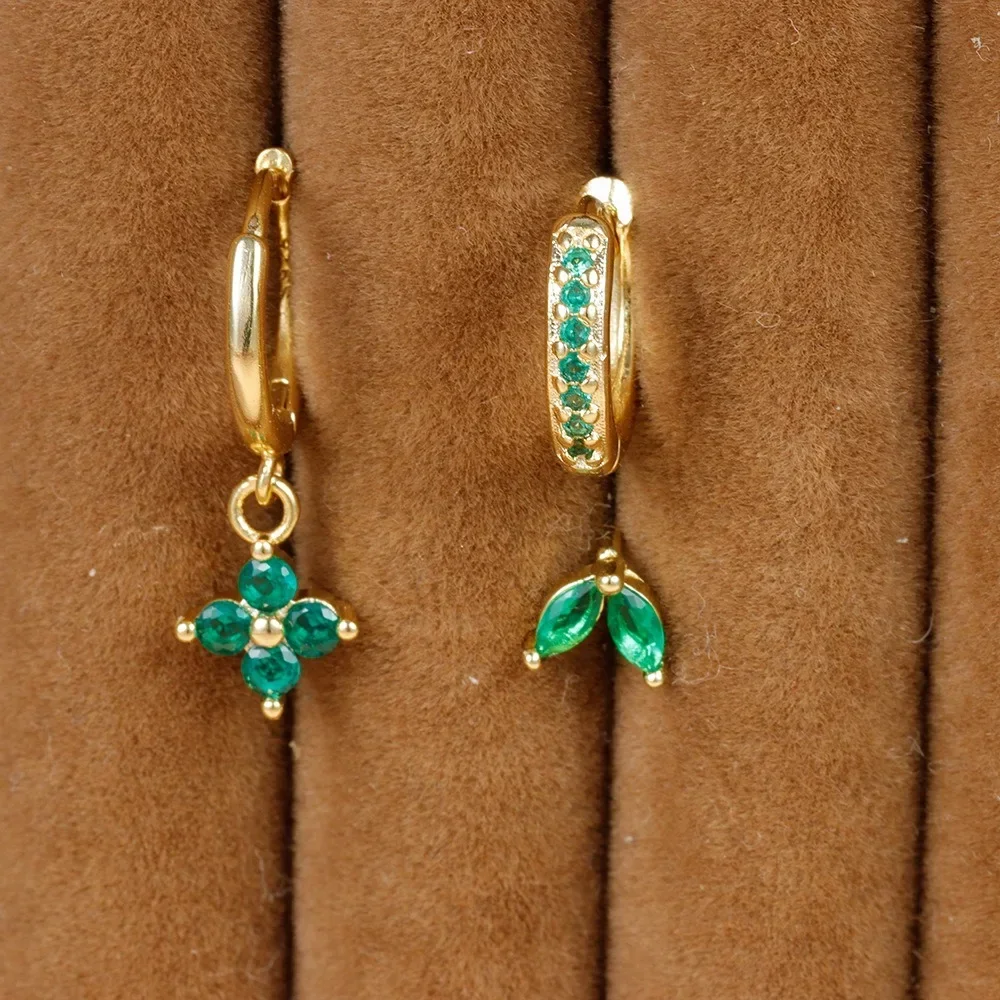 3pcs Set Charm Green Four Leaf Crystal Flower Hoop Earrings for Women Luxury Gold Color Stainless Steel Zircon Stud Jewelry Set