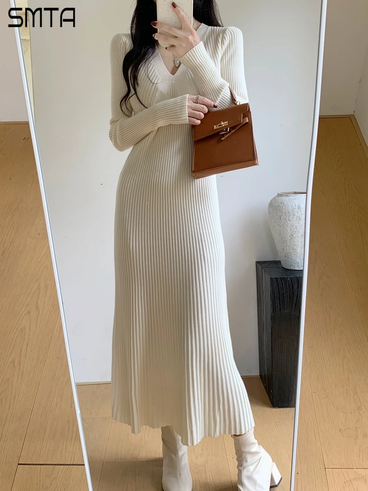 

Vintage Sweater Knitted Midi Dresses for Women Clothing Screw Thread Streetwear Bodycon Dress Elegant Autumn Winter 2024 Robe