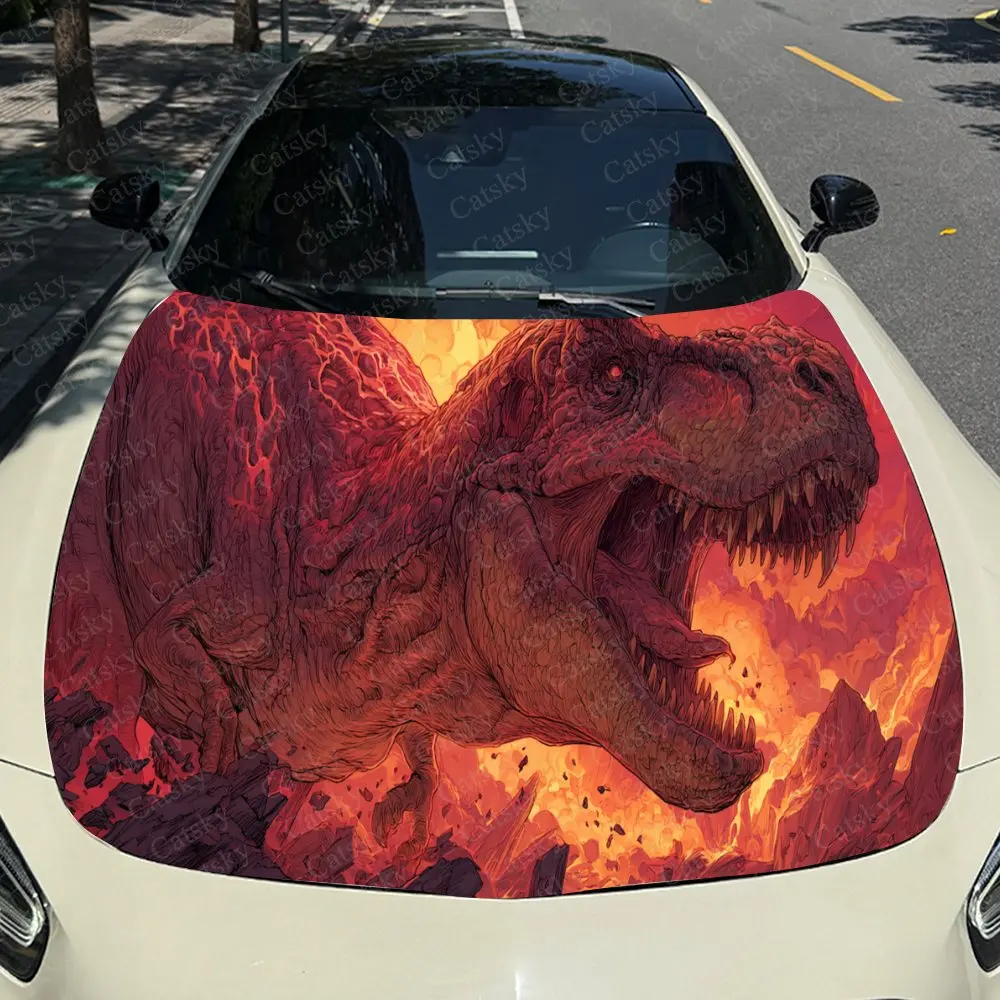 Flaming Dinosaur Auto Cover Sticker, Waterdichte en zelfklevende Auto Hood Decal, Auto Vinyl Wraps, Cool Car Exterior Decal, Ho