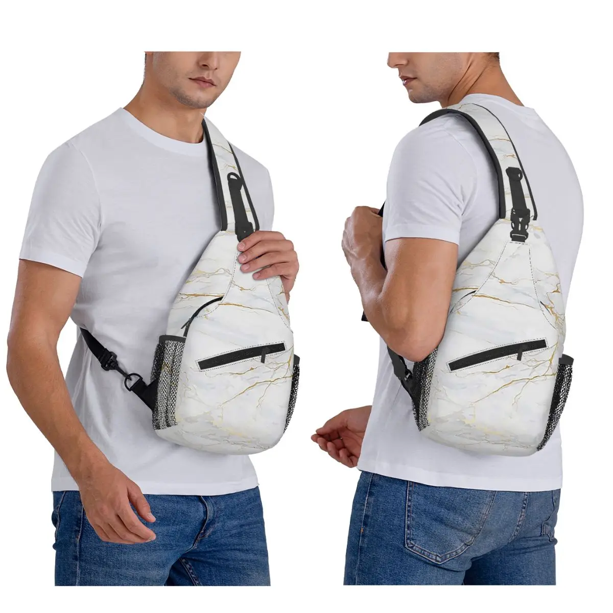 White And Gold Marbl Chest Bag Men Sling Crossbody Backpack Chest Bag Travel Hiking Daypack Shoulder Bag