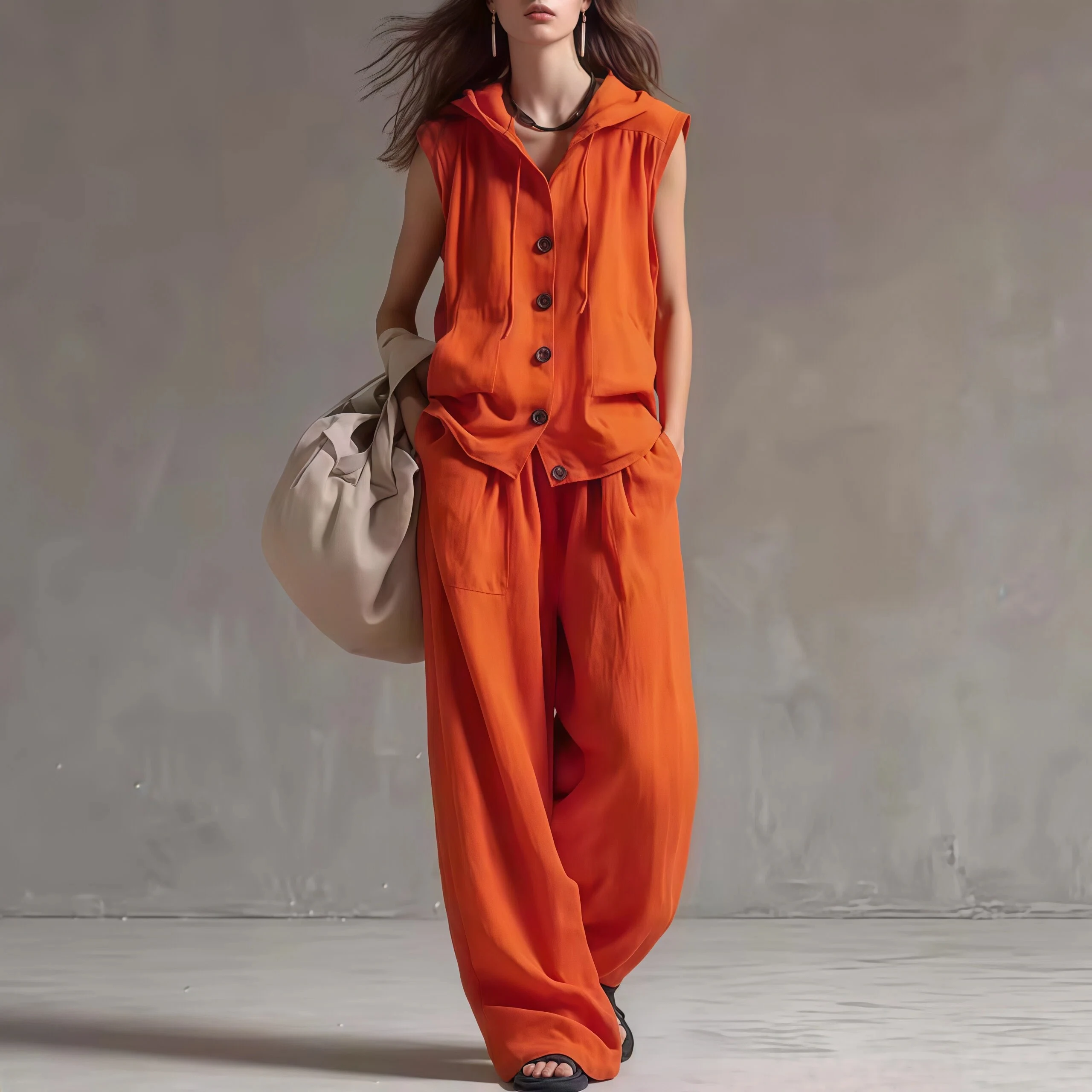Fashion Sleeveless Hooded Two Piece Set Casual Solid Color Top Wide Leg Pants 2-piece Set Summer New Loose Daily Pants Set