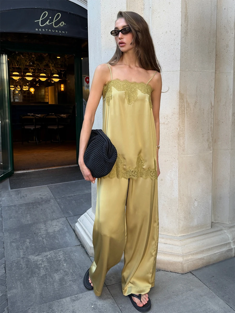 Wolfeel 2026 New Series Lace Trimmed Satin Two-piece Set Women's Spaghetti Strap Vest Wide Leg Pants Elegant Streetwear Set