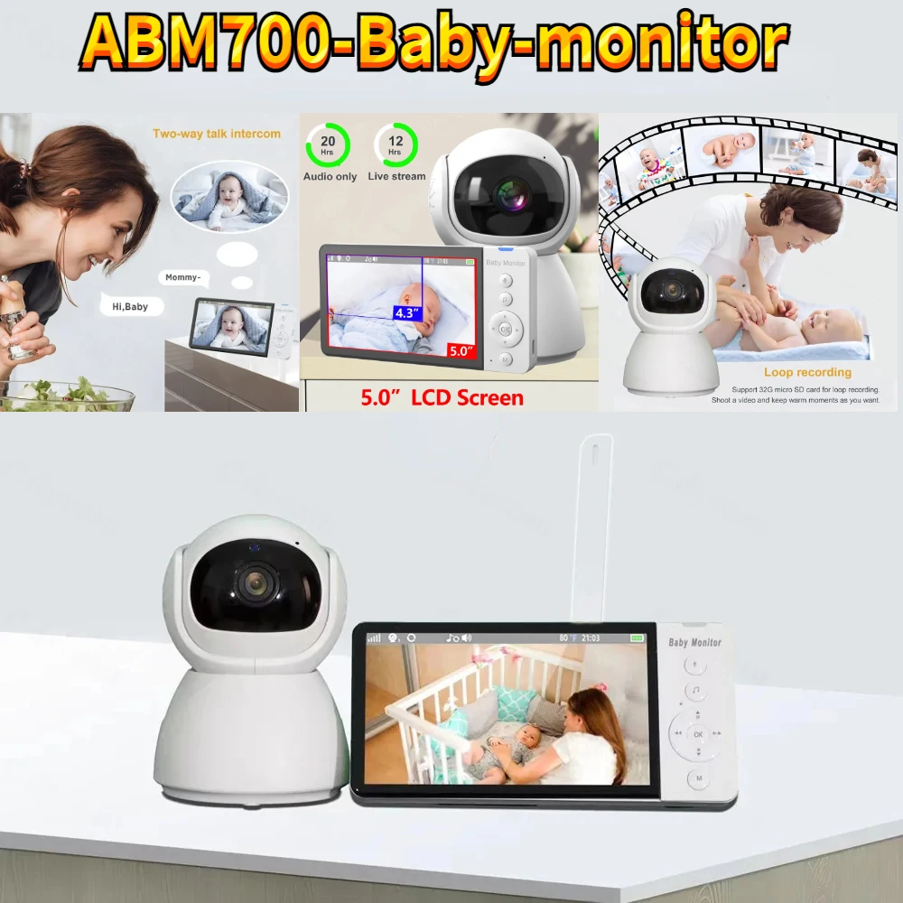 camera de bebe sem fio com funcao ptz tela ips de 50 polegada lullaby audio bidirecional suporte a cartao sd abm700 01