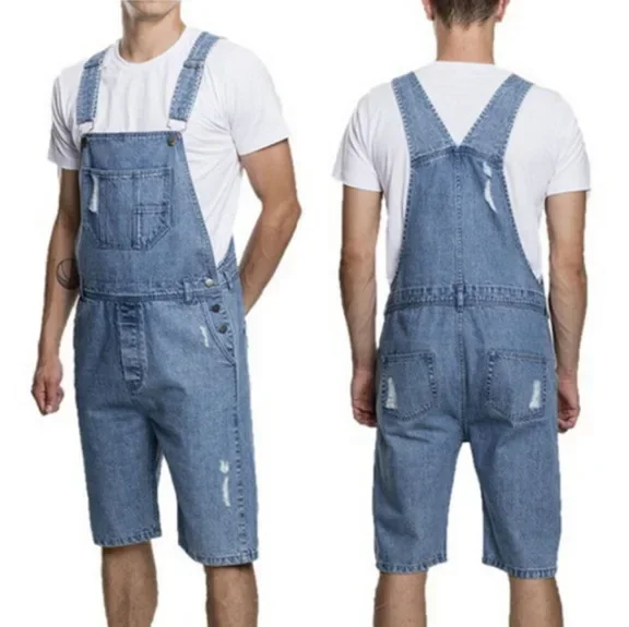 

Men Jeans Cargo Knee Length Overalls Jumpsuits Denim Straight One Piece Casual Mid Waist Pockets Solid Distressed Holes