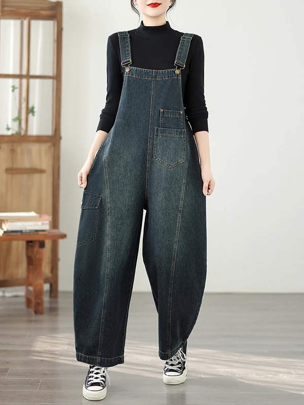 Losse artistieke dames denim overall herfst 2022, nieuwe Sle groot formaat katoen polyester mix l taille jeansbroek