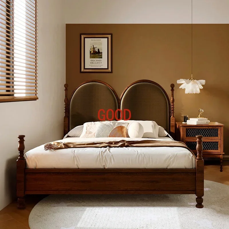 French Retro Old Paris Double Solid Wood Bed Master Bedroom Black High Backrest Soft Pack Bed