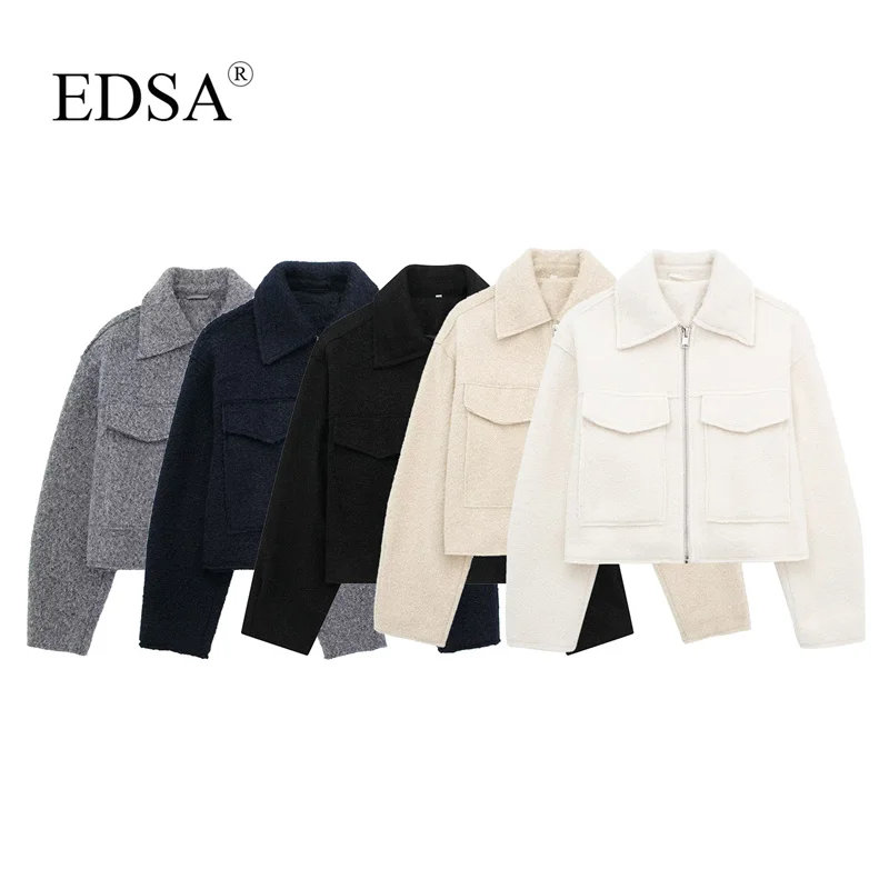 EDSA Women Solid Bomber Jacket with Flap Pockets Front Zipper Lapel Autumn Winter Casual Cropped Outerwear