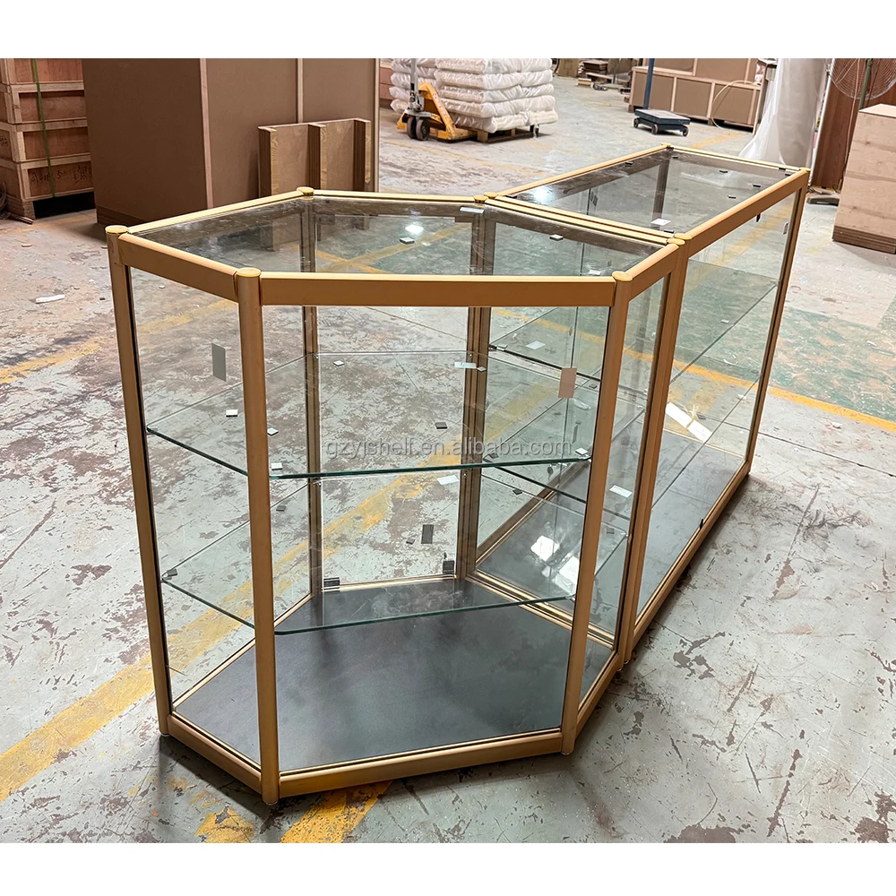 Custom.Customized High End Popular Full Vision Gold Metal Frame Style Glass Jewelry Kiosk Glass Display Cabinet for Shopping Mal