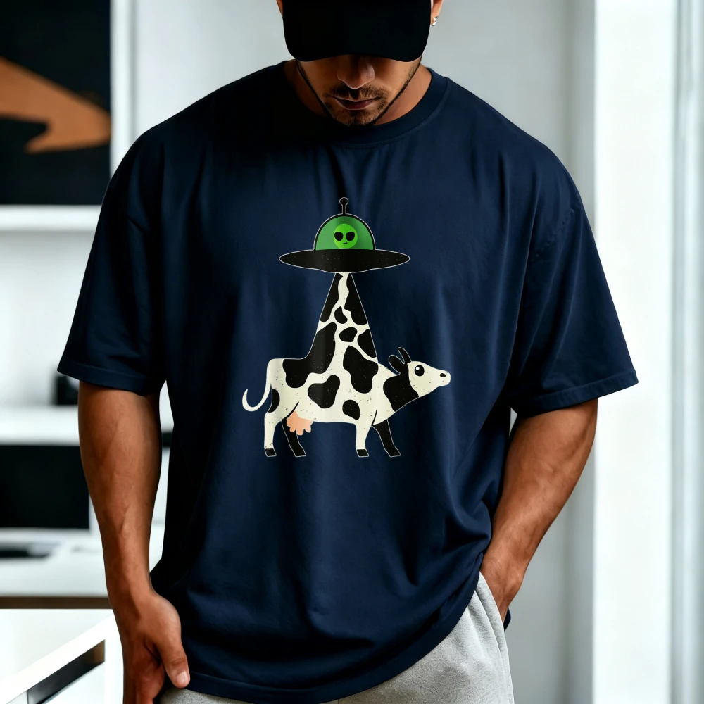 Funny Alien UFO Abduction Cow Cartoon Graphic Printed Animal Lover T-Shirt Casual Fashion Short Sleeve Cotton Man Women Tees
