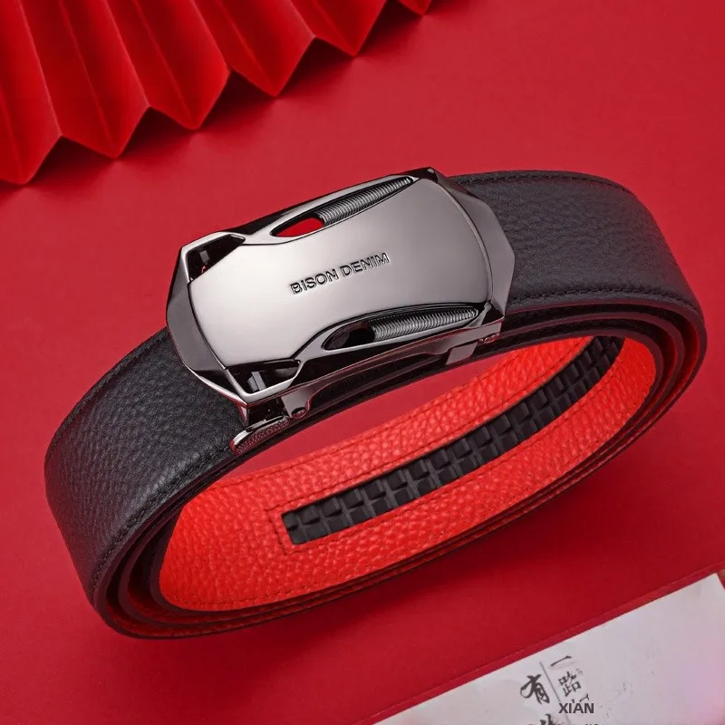 バイソンデニム-メンズベルト-本革-レッド-ウエストベルト-自動バックル-男性への祝祭ギフト-フォーマル-カジュアル-デートシーンに