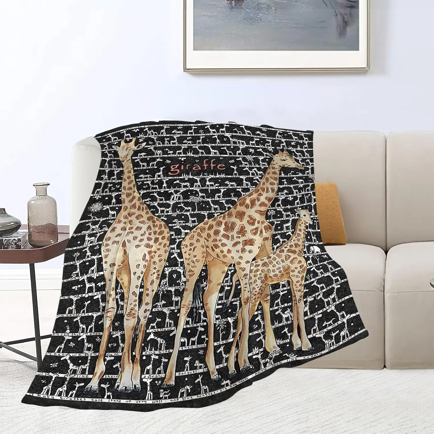 Family Giraffe Hand Drawn Black Background Flannel Blanket,Cute Animal Sketch Text Print Soft Throw for Bedroom Sofa Casual Home