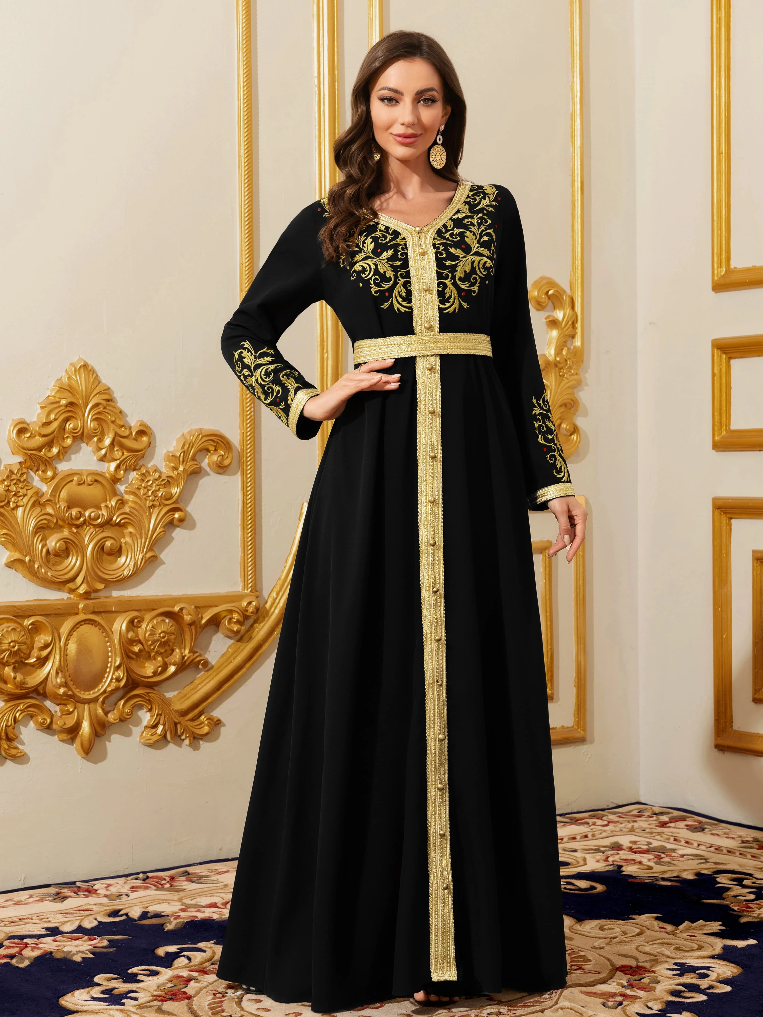 

Elegant Muslim Dress with Gold Embroidered Evening Gown, Traditional Islamic Attire
