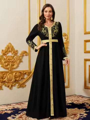 Elegant Muslim Dress with Gold Embroidered Evening Gown, Traditional Islamic Attire