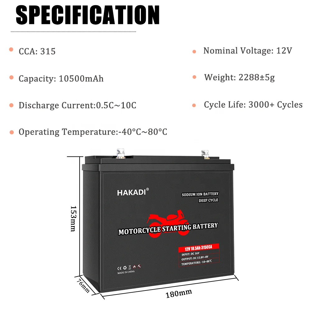 HAKADI Sodium ION Battery Pack 12v 10A Motor Starting Power 315CCA  20C 200A Current Built in Balancer Customize logo NA+