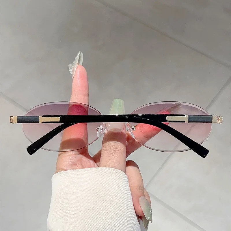 Personalisierte ovale Sonnenbrille im Retro-Stil für Damen und Herren, hochwertige Metall-Sonnenbrille, luxuriöse rahmenlose Sonnenbrille für Reisen, UV400-Sonnenbrille – Detail 7