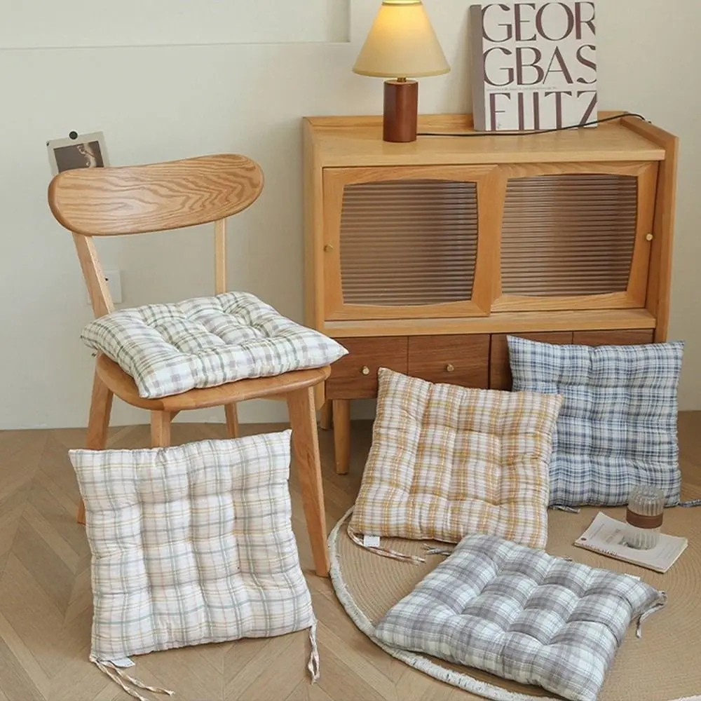 40×40cm Chair Cushion Grid Stripes Pattern Anti-Skid Strap Seat Cushion 4cm Thickness Washable Stool Cushion Home Office
