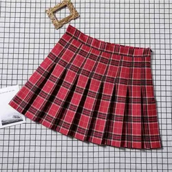 Red Plaid Mini-Skirt for Girls, Scottish High Waist, Slim Student Pleated Skirt, A-line Miniskirt, New, 2024