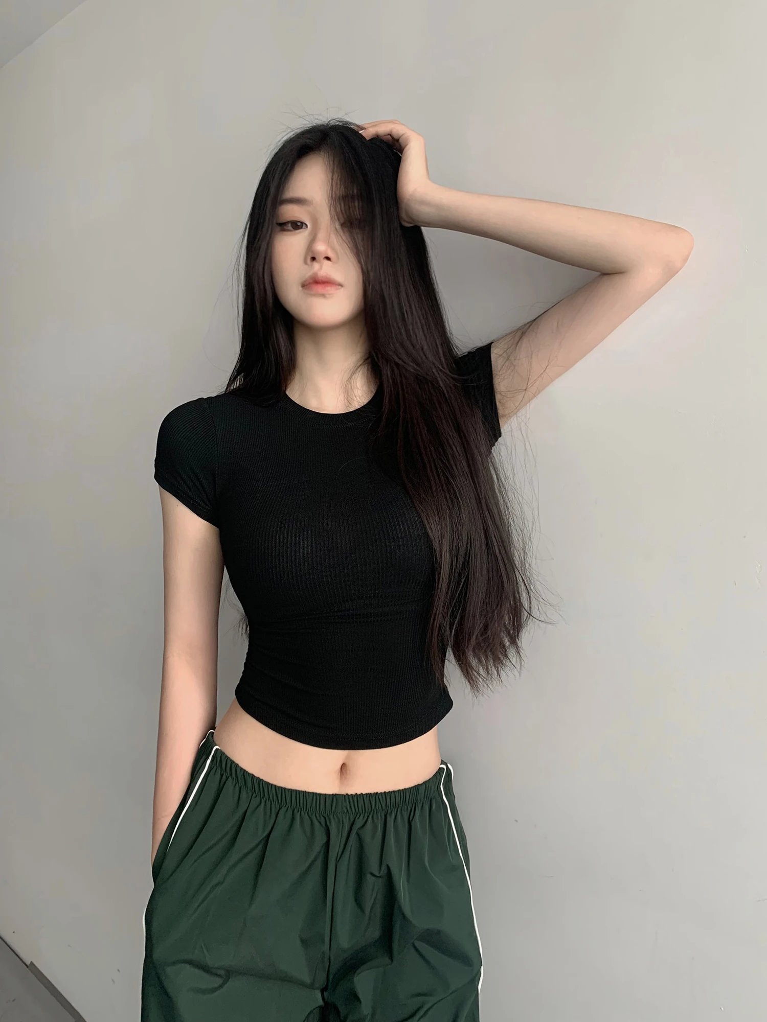 

European and American Style Short T-shirt Women's Tight-fitting Short-sleeved Elastic Small Neckline Bottoming Top