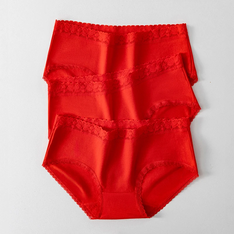 3Pcs/Set Women Panties Good Lucky Red Underwear Breathable Cotton Girls Briefs Soft Mid Waist Underpants Lace Female Lingerie