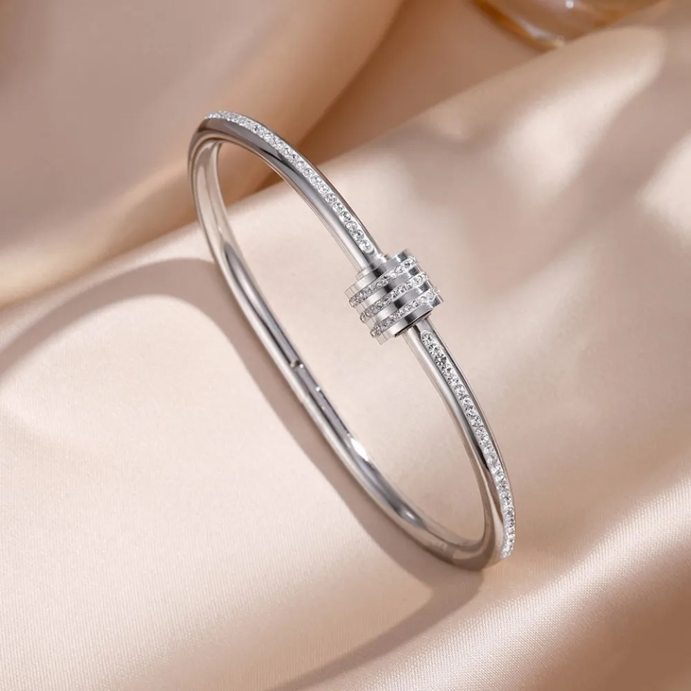 Classic Stackable Bangle Shiny Zircon Stainless Steel Bracelets for Women Stack Jewelry Gift