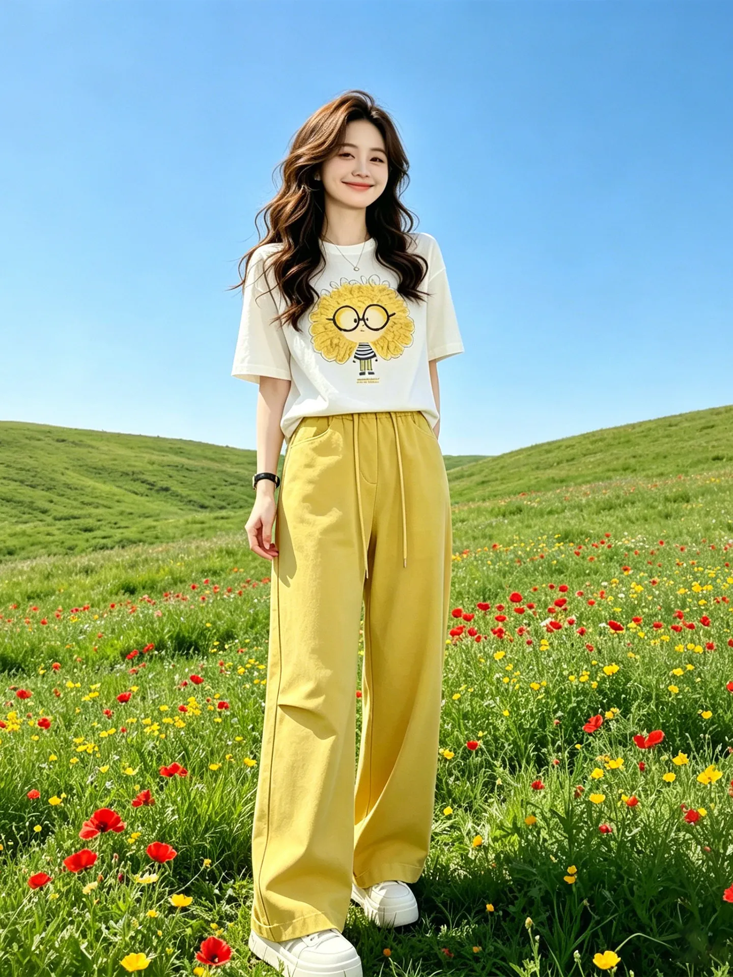 

Summer Fashion Set High Waist Wide Leg Pants Drawstring Short Sleeve Cartoon Print Women's Ensemble Breathable Lightweight Ca...