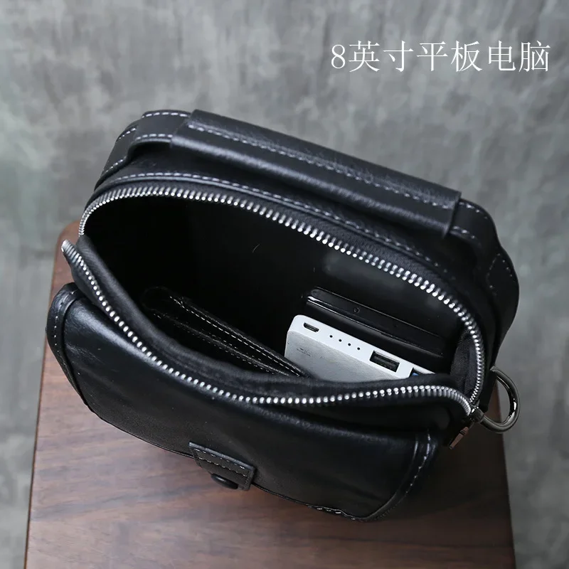 Genuine Leather Men's Crossbody Bag - Top-Grain Cowhide Small Square Shoulder Bag, Casual Vertical Phone Pouch Sling Pack