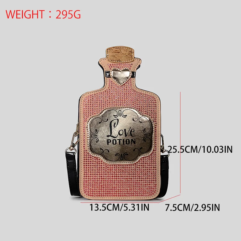 Creative Rhinestone Bottle Design Crossbody Bag for Women Funny Love Hearts Deco Shoulder Bags Cute Small Phone Purses 2024