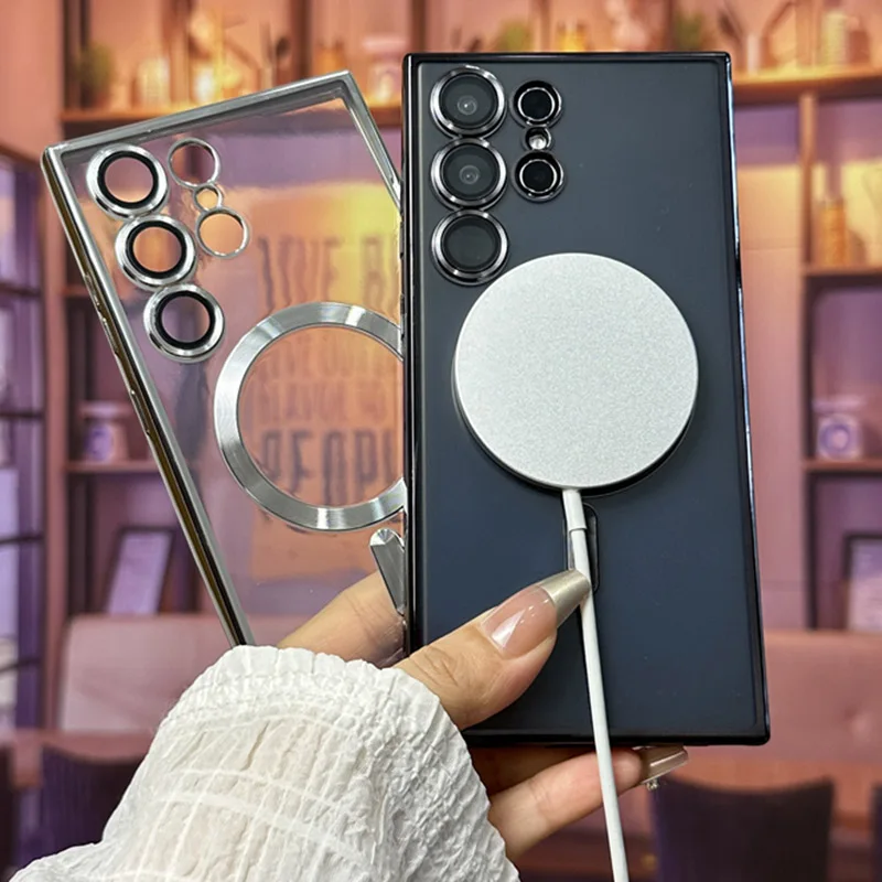 Magnetic Wireless Charge Clear Case for Samsung Galaxy S24 S23 S22 Ultra Plus S21 S20 FE Note 20 10 Lens Film Protector Cover
