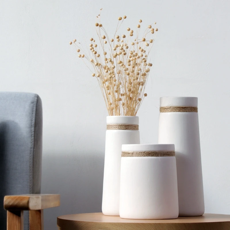 Simple Modern Living Room Home Furnishing Creative Ornaments White Vasejute Rope Ceramic Art Flower Vase