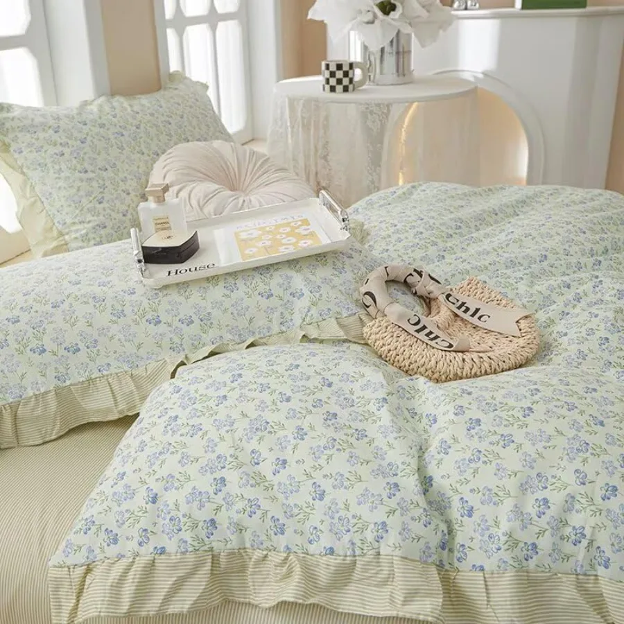

Синий комплект постельного белья с цветочным узором из 100% хлопка, с оборками, для девочек-подростков и женщин, мягкие и удобные пододеяльники, 3 предмета, 1 пододеяльник