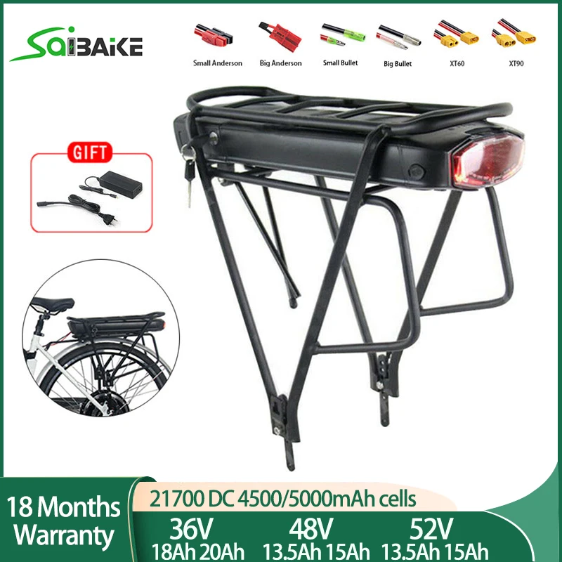 Rear Rack eBike Battery 21700 36V 52V 48V 15Ah 20Ah With Luggage Rack for 1000W 750W 500W 250W 24