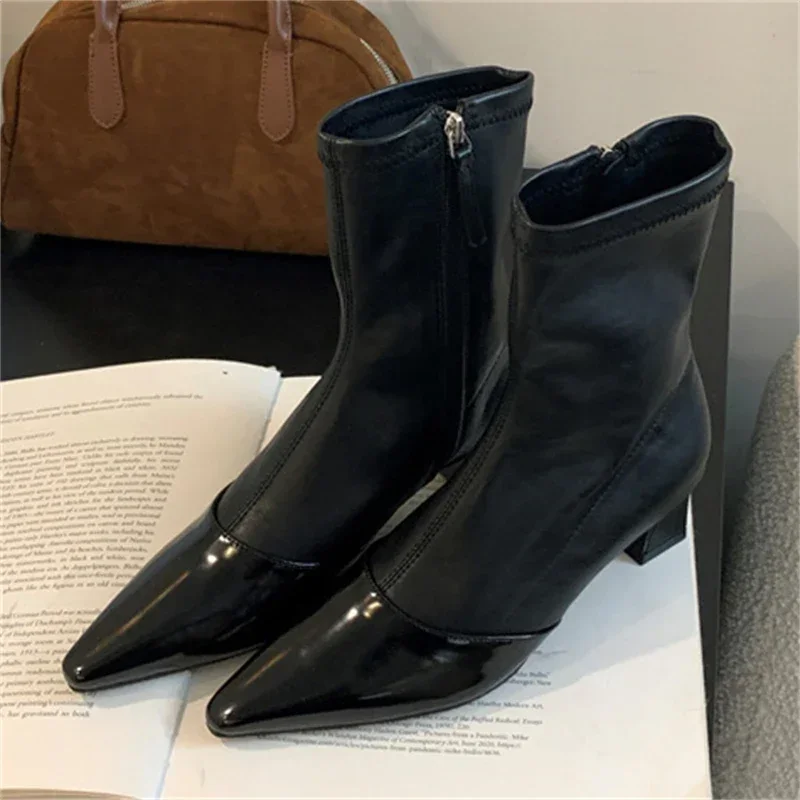 

Aneikeh 2026 New Fashion Splicing Pointed Toe Zipper Women Ankle Boots Shoes High Quality Square Heels Short Booties