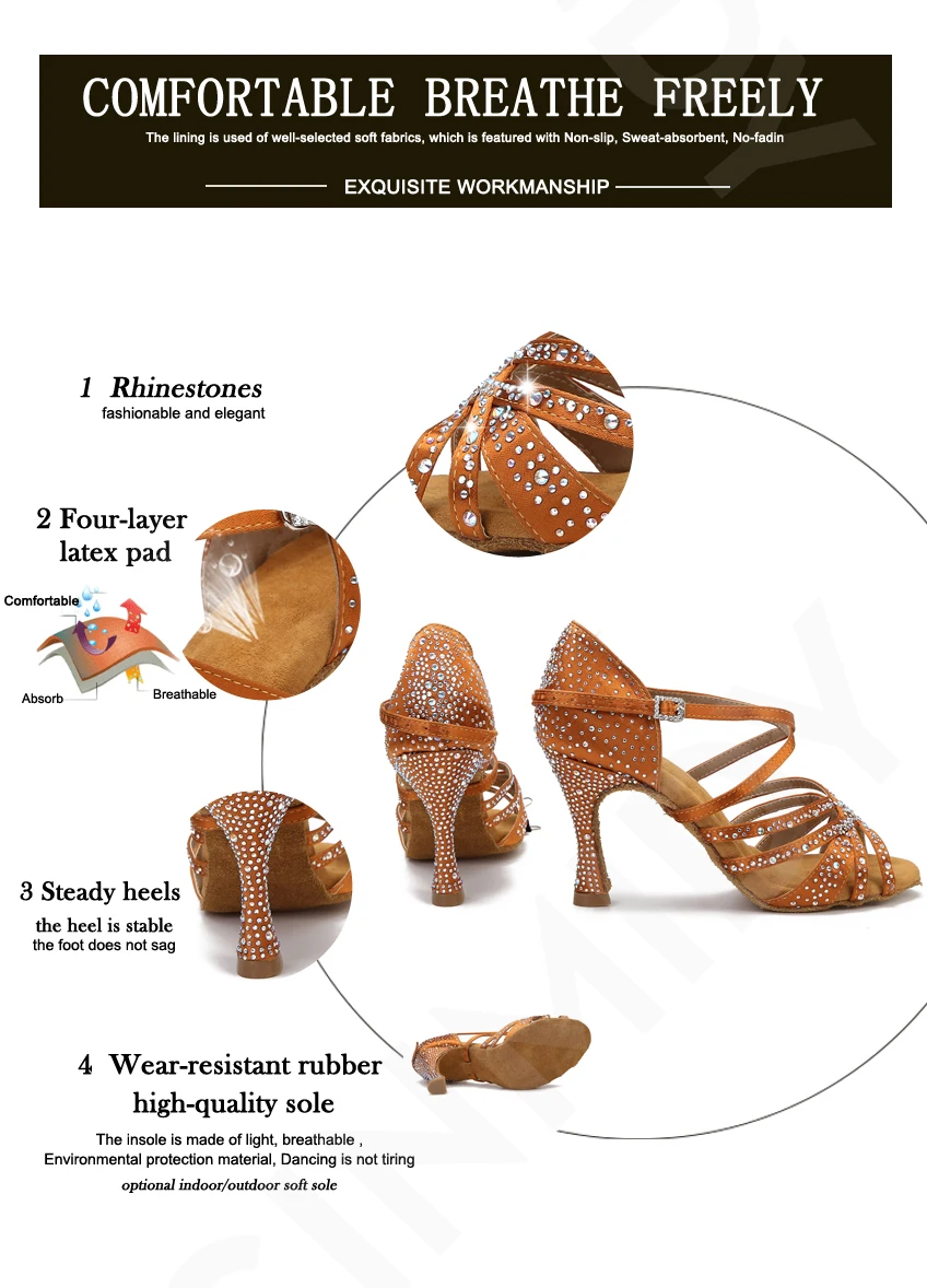 CINMIDY Damen Satin Party Tanzschuhe Strass Weiche Sohle Latein Tanzschuhe Salsa Tanzsandalen Damen Hochzeitsschuhe – Detail 4
