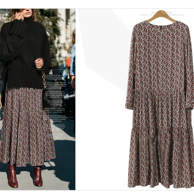 

Платья с принтом, женское платье с длинным рукавом и круглым вырезом, повседневное трапециевидное платье, Vestidos, длина до щиколотки, осеннее свободное платье 2025, легкая эластичность