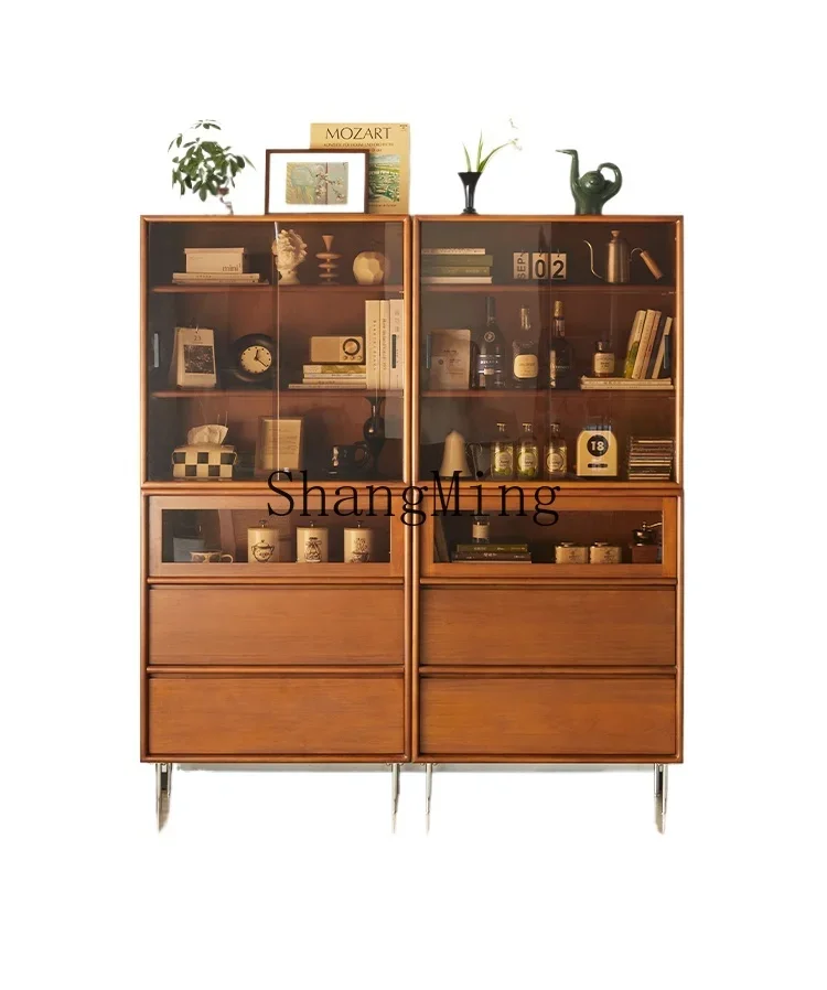 

XMH living room retro solid wood storage combination display cabinet with glass door dining side cabinet medieval bookcase