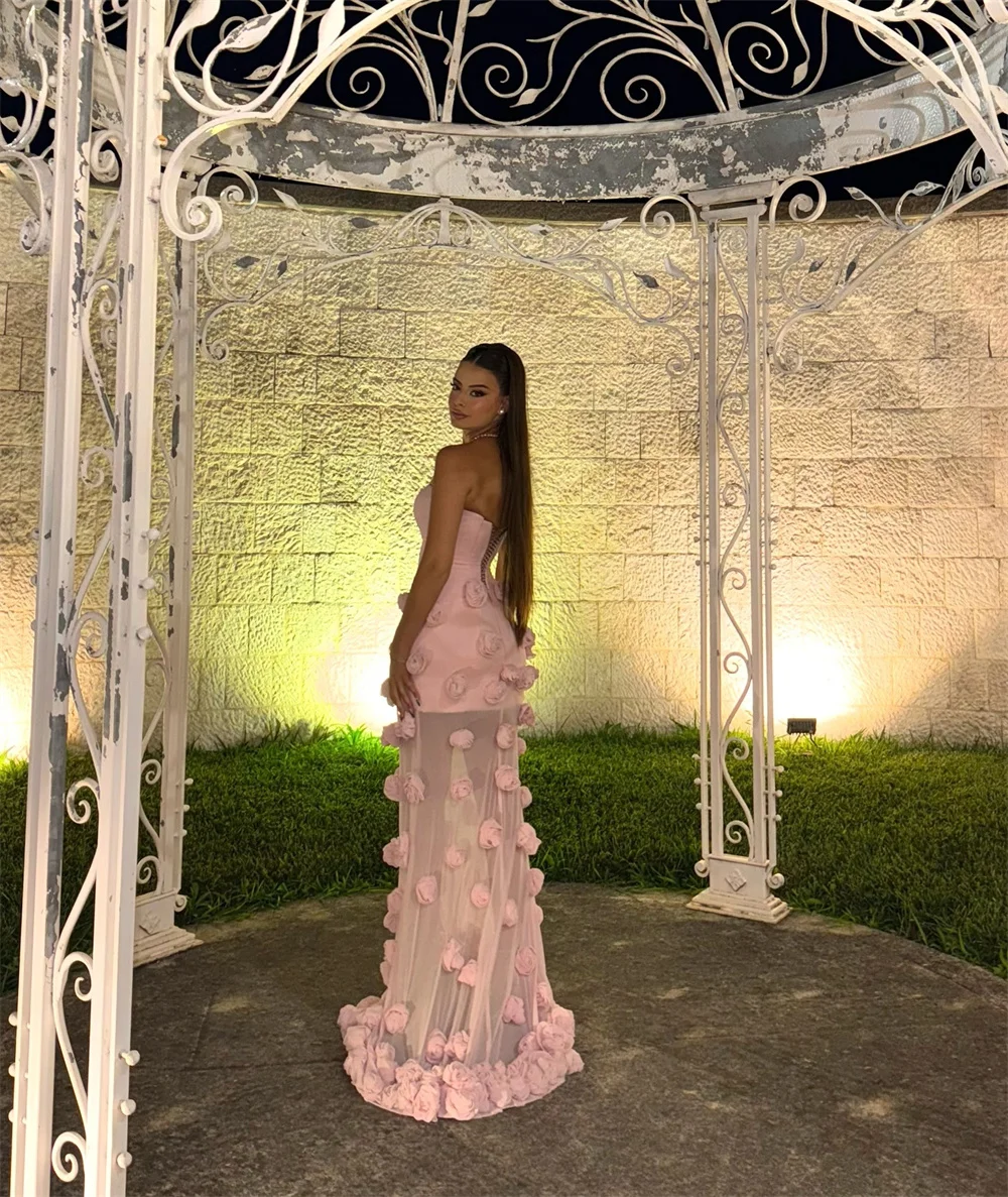 콘테사 두바이 맞춤형 우아한 3D 장미 코트 트레인 슬릿 프롬 드레스 스트랩리스 베스티도스 데 노체 바디콘 포멀 이브닝 이벤트 드레스